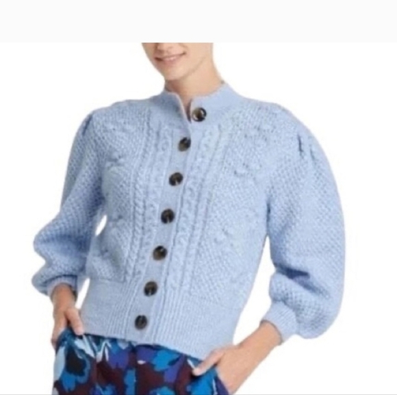 WHO WHAT WEAR Corydalis Heather Wool Blend Chunky Cardigan Sweater Blue - Picture 1 of 4
